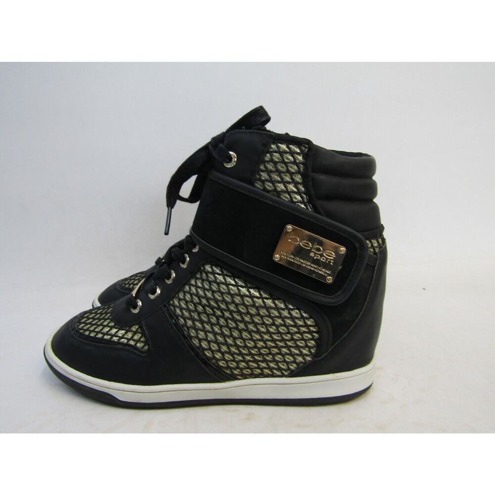 Bebe Sport Women Sz 10 M Black Buckle Laces Wedge Ankle Fashion Boots Bootie